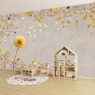 Peel and Stick Wallpaper Minimalist Botanical Dandelion Print Grey Mustard Scandinavian Decor Wall Murals 69"H x 96"W Removable PVC Wall Paper Self-Adhesive Wall Decor for Bedroom Living Room Home Office