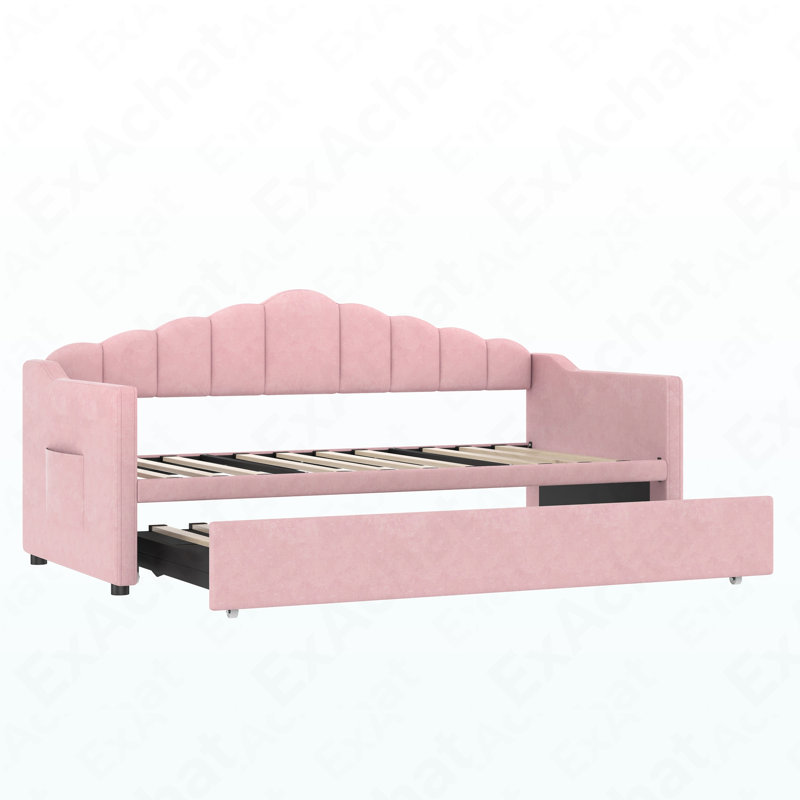 Upholstered Twin Size Daybed With Adjustable Height Pop Up Trundle Twin Bed And USB & Type-C Charging Port, Day Bed Frame With 2 Side Pockets, No Box-Spring Needed, Pink