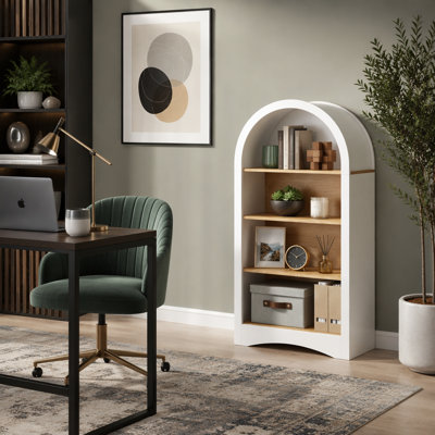 Présentoir de 47 pouces autoportant arqué avec tablettes en grain de bois, rangement ouvert à 4 niveaux, petite bibliothèque d'appoint pour le salon et la chambre à coucher
