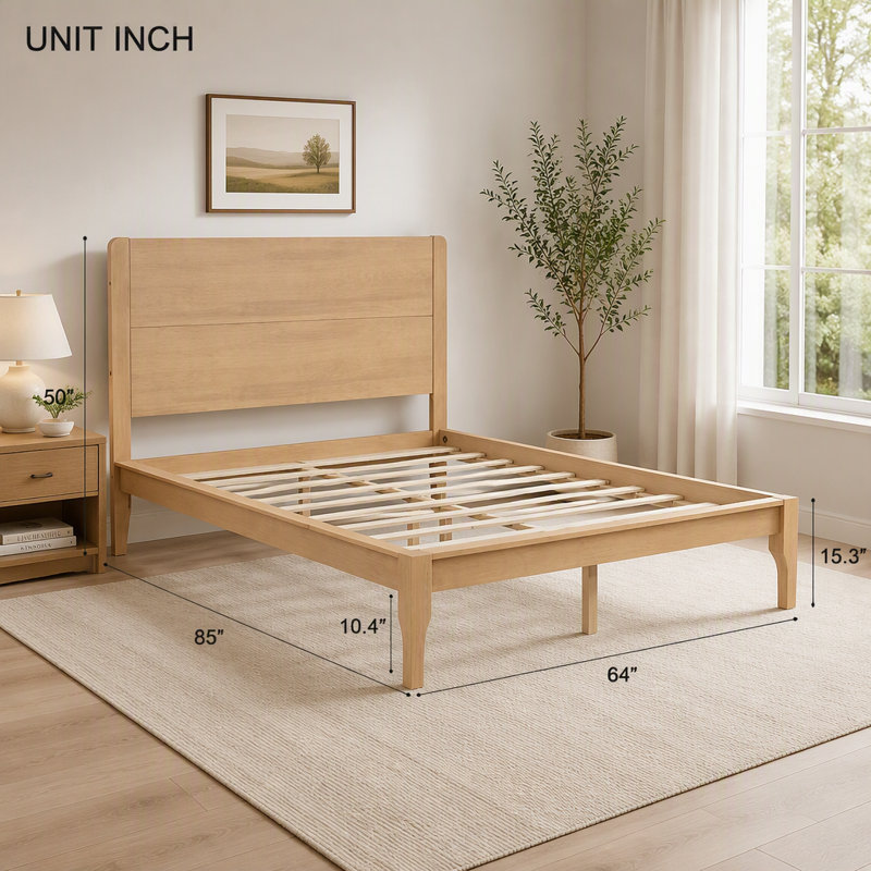 Lit avec tête et pied de lit hauts, lit plateforme avec cadre renforcé Pinewood, Queen, Natural