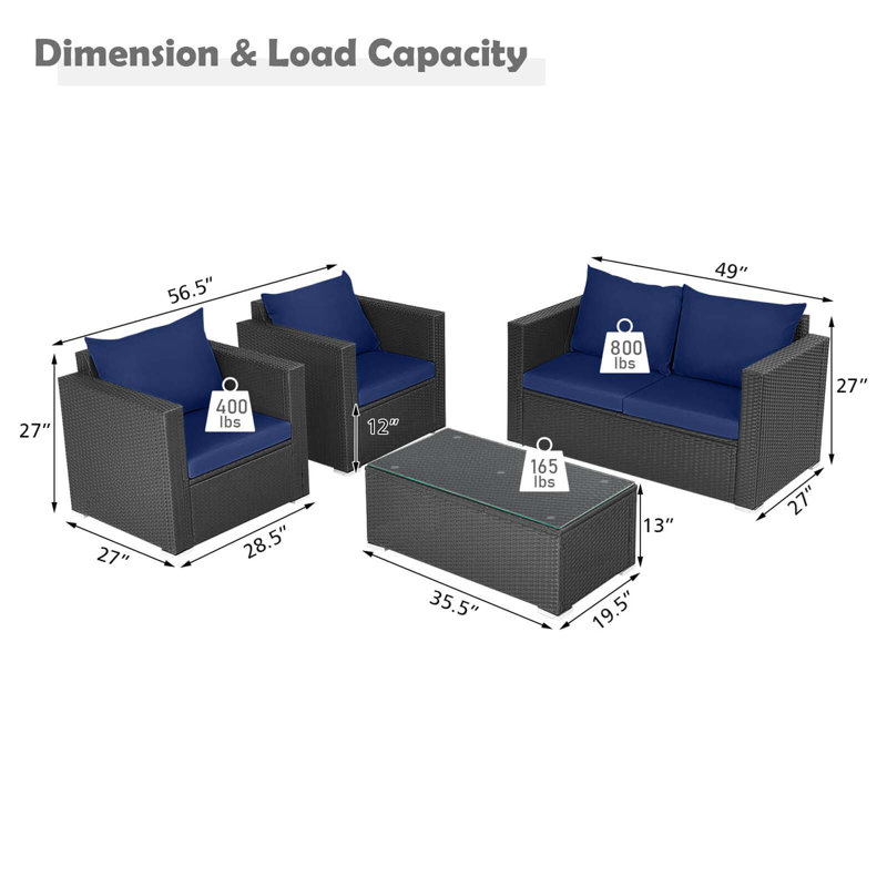 Ensemble de 4 chaises de patio en rotin avec coussins et table basse