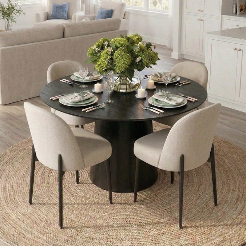 Round Dining Set with Pedestal Table and 4 Upholstered Dining Chairs, Beige