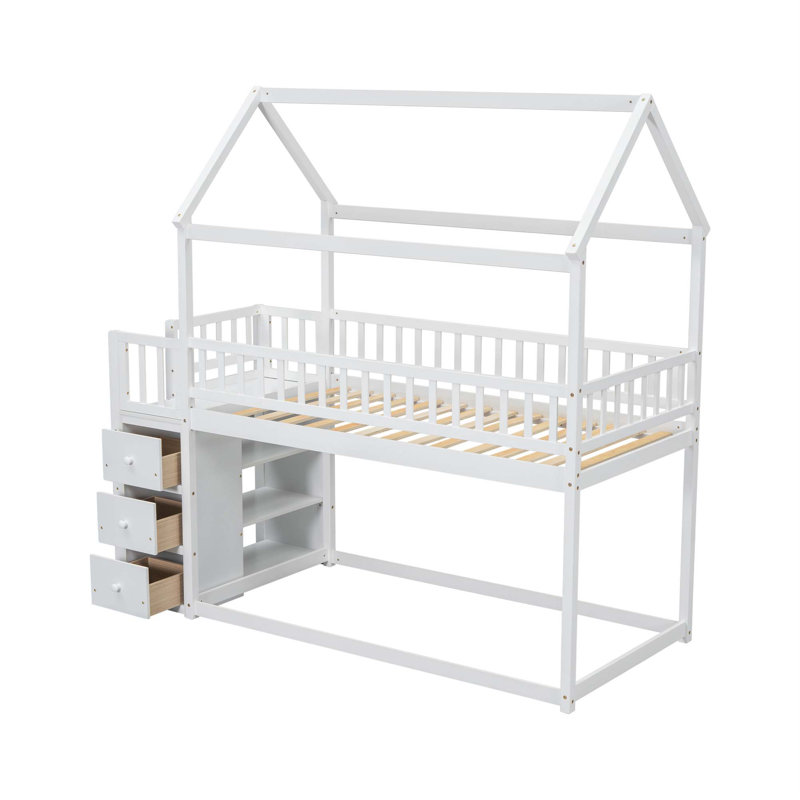 Lit superposé avec tablettes et tiroirs, Blanc