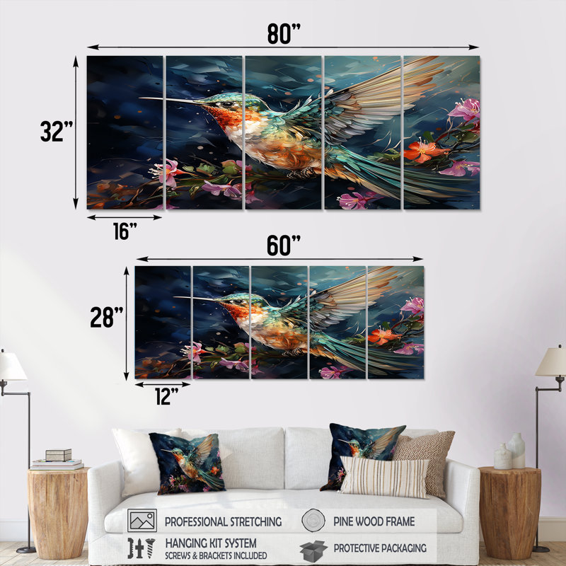 «Green Fluttering Emerald Hummingbird Blooms I - Hummingbird», art mural 5 pièces, H 28 po x l 60 po