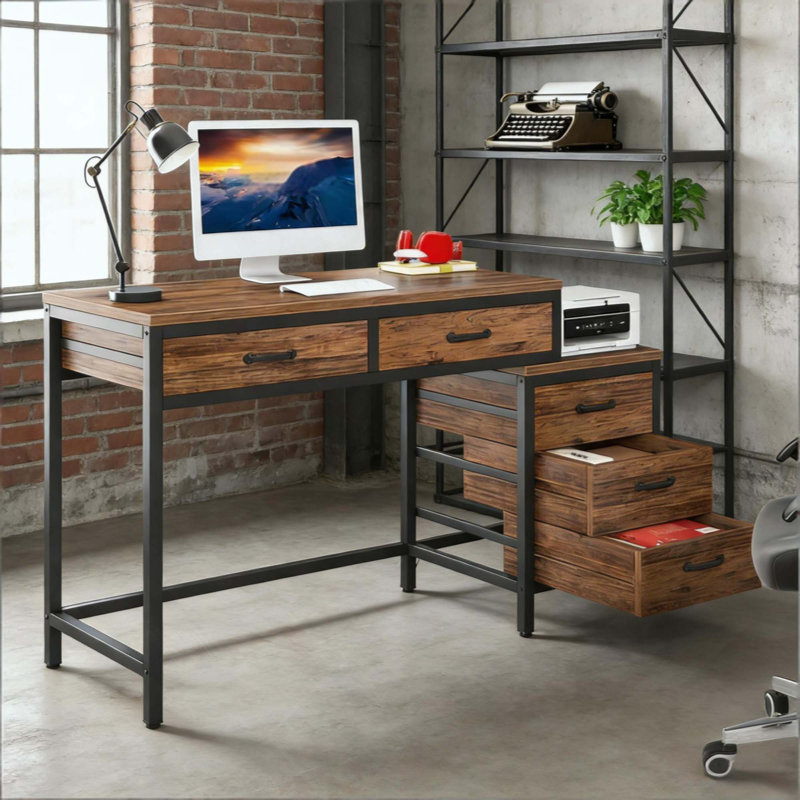 Bureau de style industriel, bureau d'ordinateur, table d'écriture, Brun rustique / noir