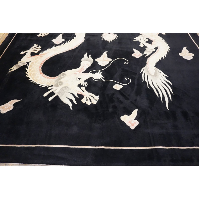 Vintage Black Double Five Claw Chinese Dragons Design Rug