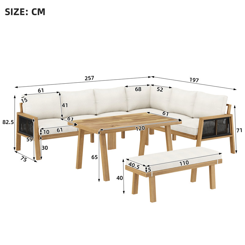 6-7 Seat Acacia Wood Outdoor Sofa Set With Dining Table & Rope Armrests