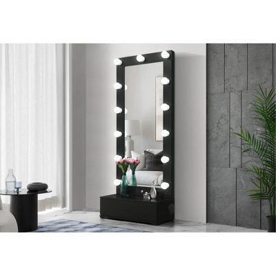 ELISA BLACK NARROW TALL MIRROR WITH SPEAKER AND DRAWER