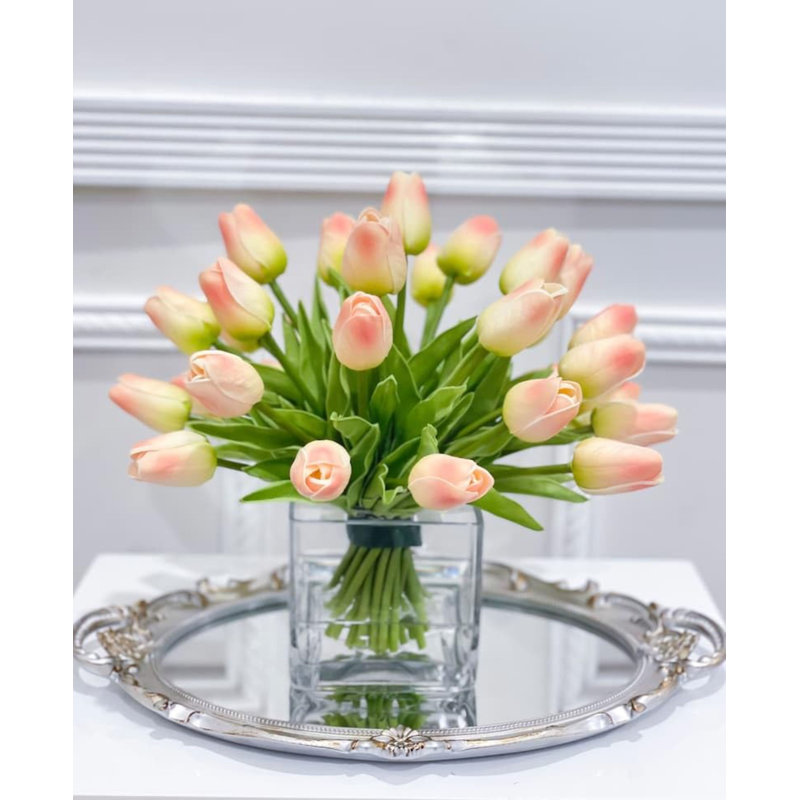 Peach Tulips Floral Arrangement, Real Touch Tulip Centerpiece,modern Artificial Arrangement Flowers In Glass Vase,french Decor Tulips Flower