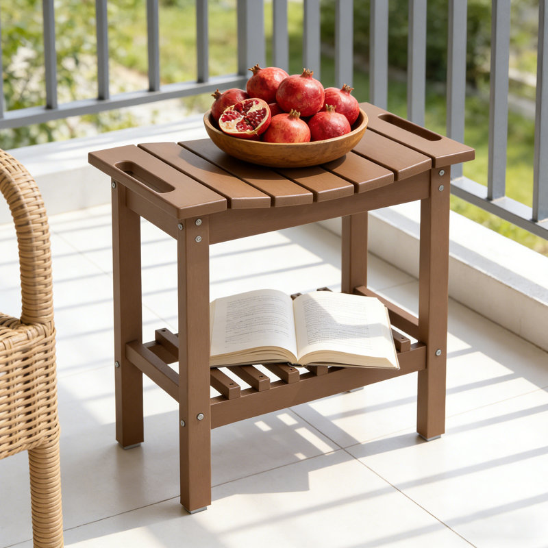 Indoor Outdoor HDPE Shower Bench with Handles Storage Shelf and Non-Slip Feet, Walnut