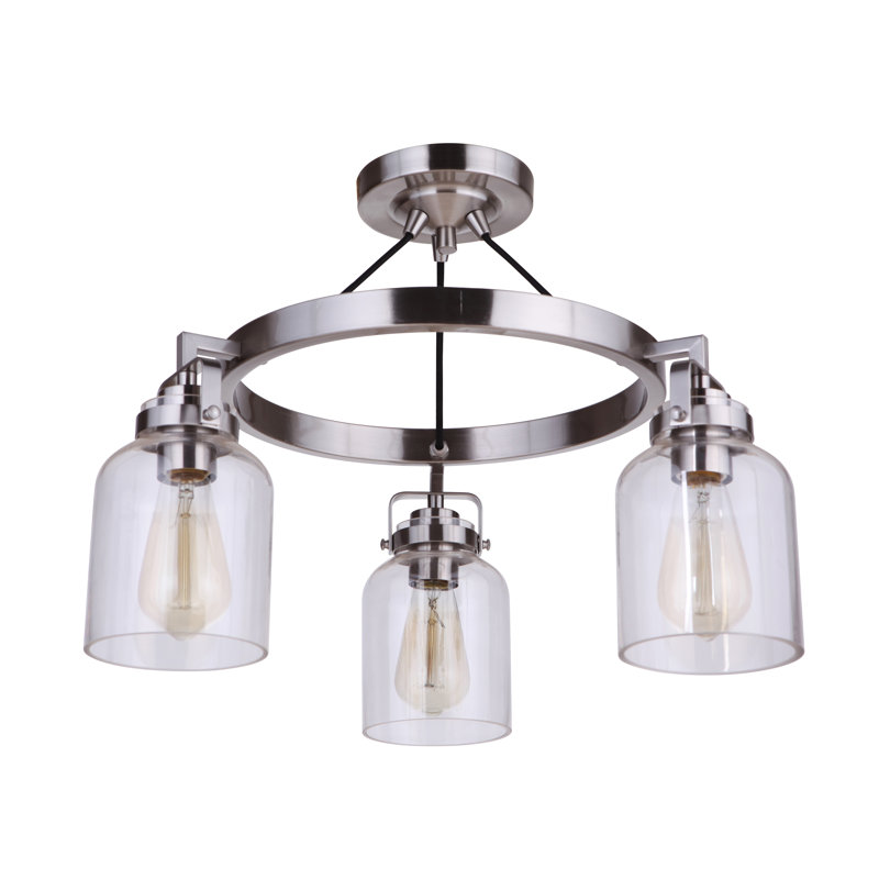 Lustre en roue de chariot unique à 3 lumières Barreras, Nickel poli brossé