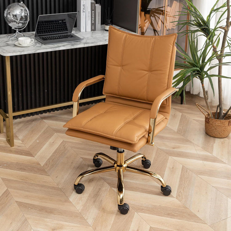 Fauteuil de bureau confortable en cuir véritable, pivotant, chameau