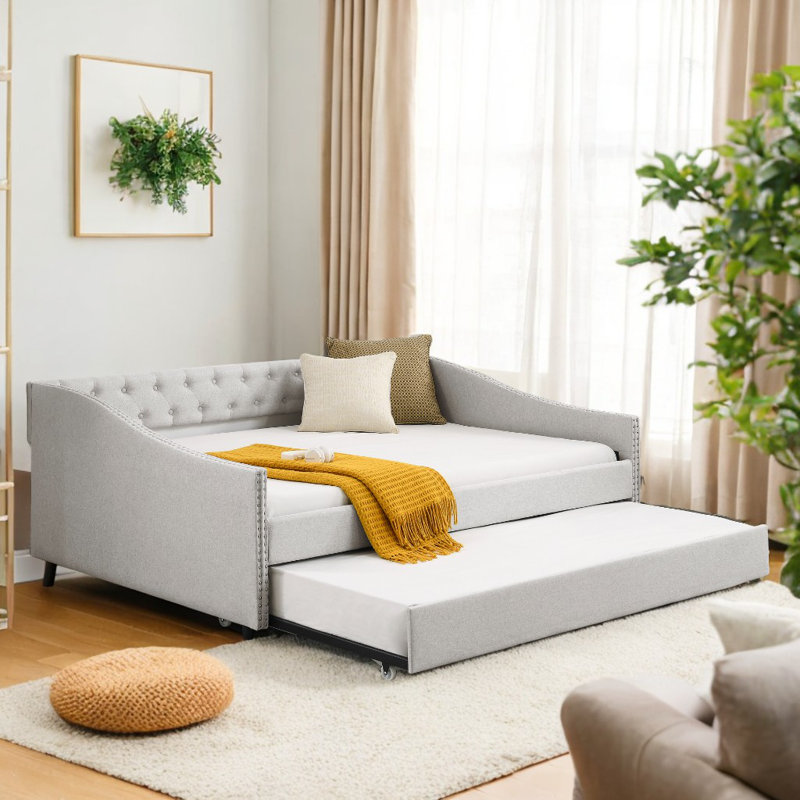 Upholstered Tufted Daybed with Trundle, Cream, Full