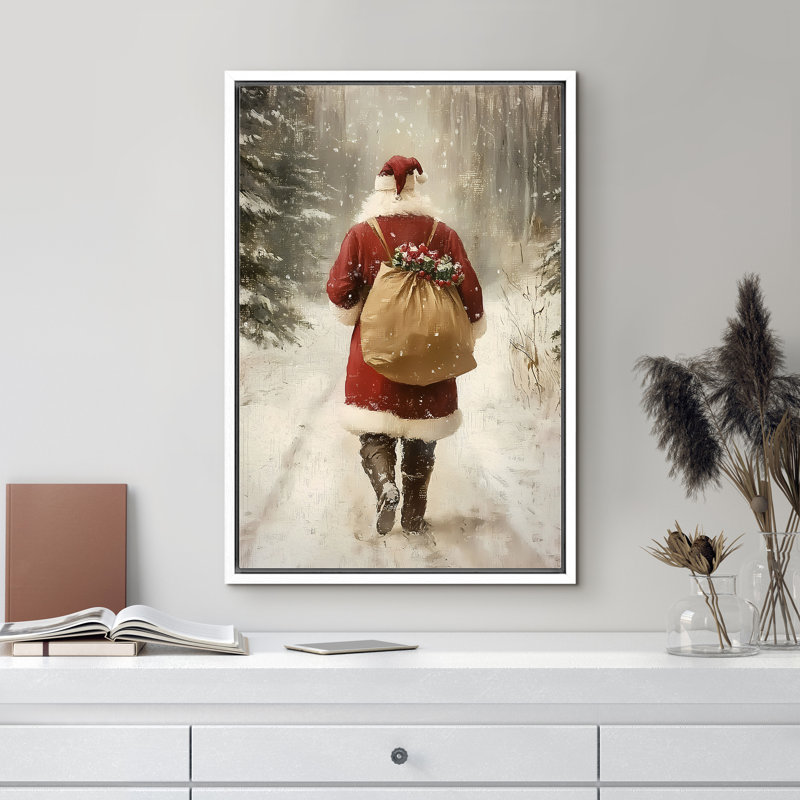 «Santa Claus Walking in Winter Road», impression sur toile, Cadre flottant blanc, H 24 po x l 16 po