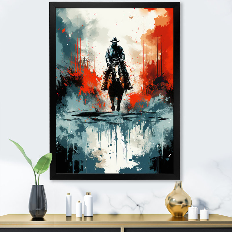 «Blue and Red Cowboys Journey» - art mural Cowboys, Cadre photo noir, H 20 po x l 12 po x P 1 po