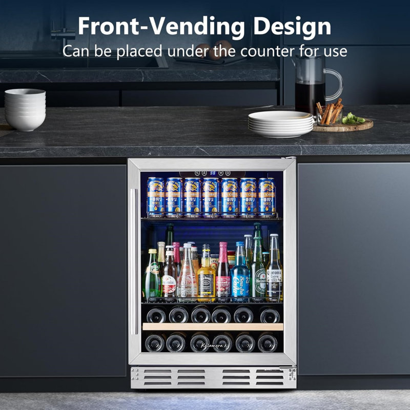 Kalamera 24" Built-In Freestanding Wine & Beverage Cooler, Holds 118 Drink Cans & 16 Wine Bottles, Digital LCD Control, Reversible Tempered Glass Door & Interior LED Lights