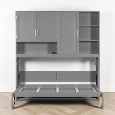 Lit escamotable simple avec armoire murale, tablettes, charge USB et lumière, lit pliable peu encombrant pour chambre ou chambre d'amis