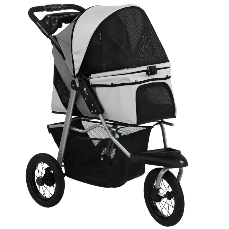 Poussette pour animaux 3 roues pliable pour chien avec roues en caoutchouc 12 po, Grey