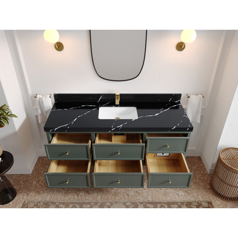 Meuble-lavabo simple 60 po avec comptoir en quartz 60 po, Noir Calacatta