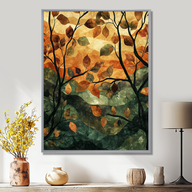 Giannah, feuilles, forêt brune, tranquillité II - feuilles, art mural, H 32 po x l 16 po, Reproduction avec cadre flottant