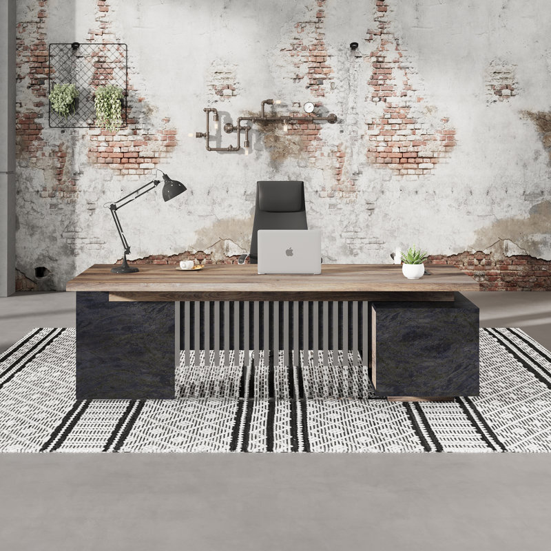 Grand bureau de direction de 78,6 pouces en acier inoxydable avec armoire à tiroirs, bureau en forme de L, bureau d'ordinateur avec ports de charge universels et gestion des câbles pour poste de travail pour bureau personnel (à droite)