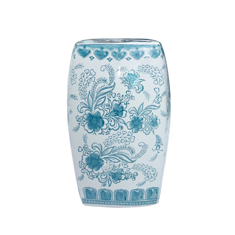 Floral patterned square ceramic stool, Blue