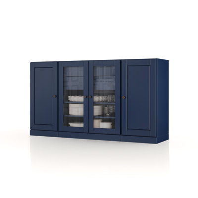 100% Solid Wood 65" Sideboard with Solid, Clear Glass Doors, 2-Drawers and Adjustable Shelves