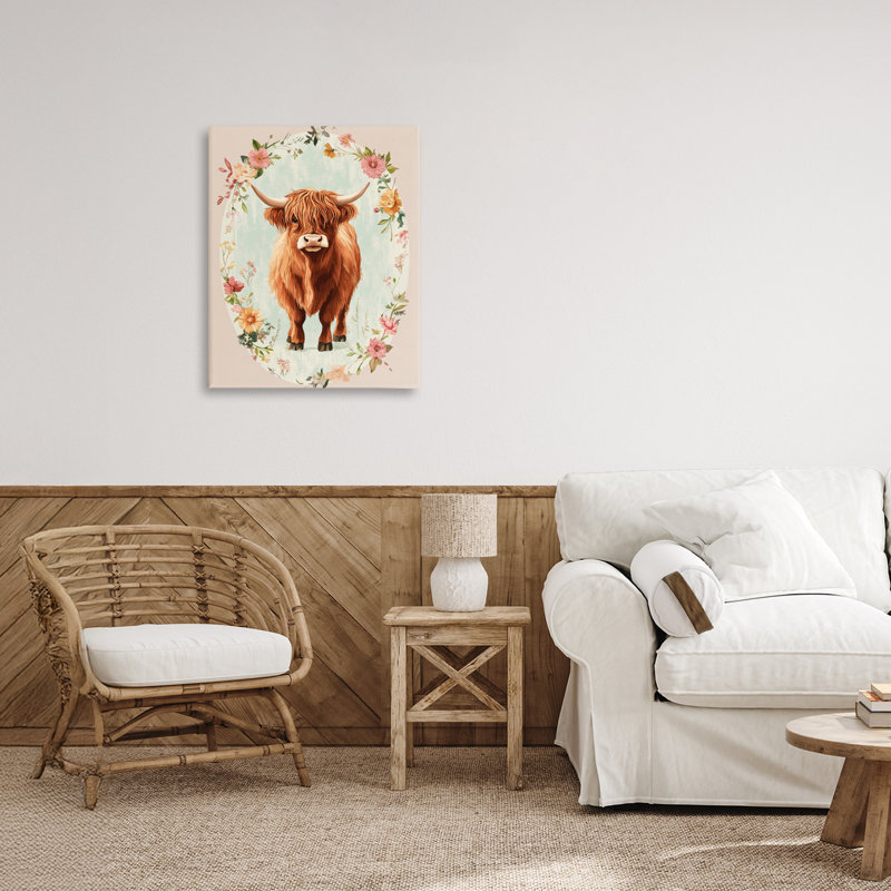 Toile «Peach Flower Border Cow», conception par Petal Prints Design, H 20 po x l 16 po