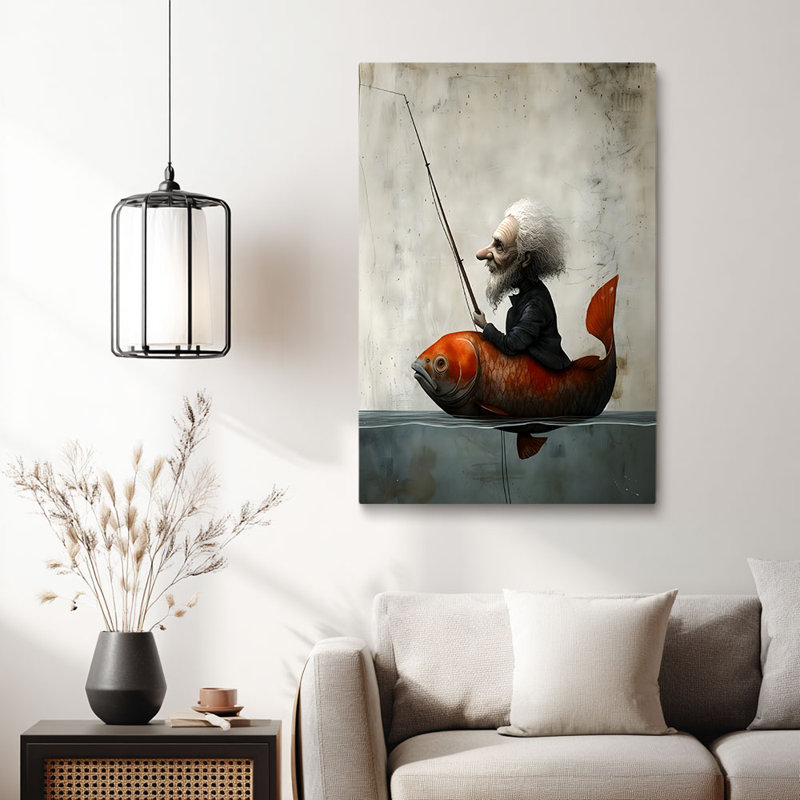 Cadre fantaisiste d'art mural sur toile fantaisiste «Old Man Fishing on Koi» pour Eclectic Studio
