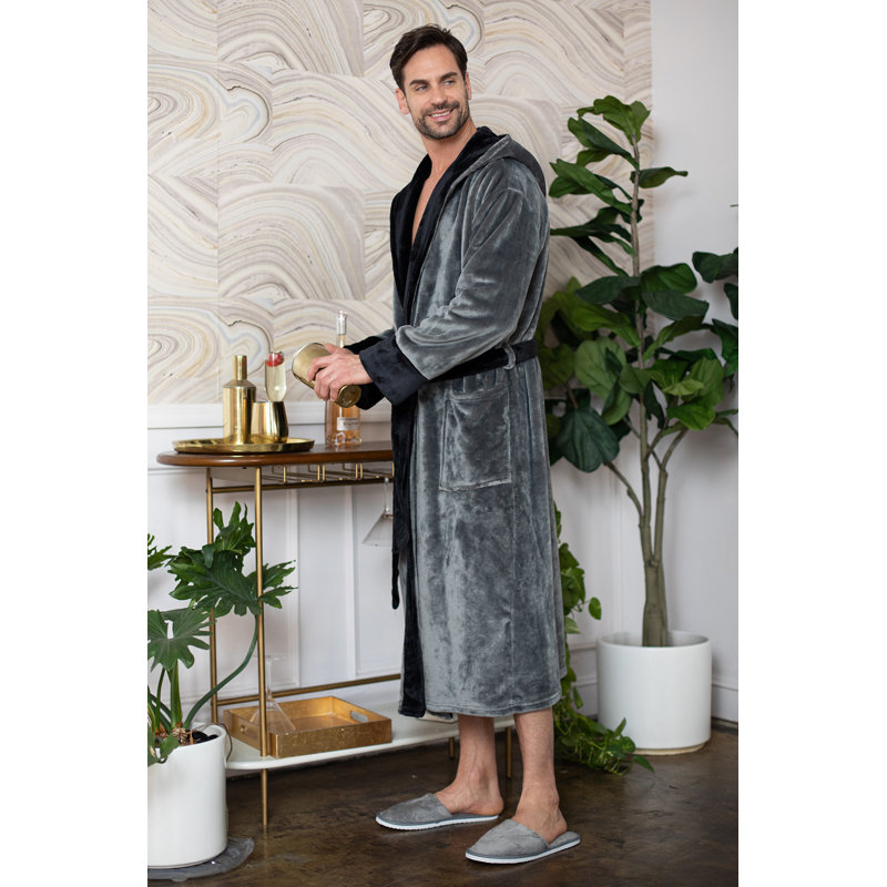 LOTUS LINEN - Peignoir moelleux à capuche, M / G, Gris/noir