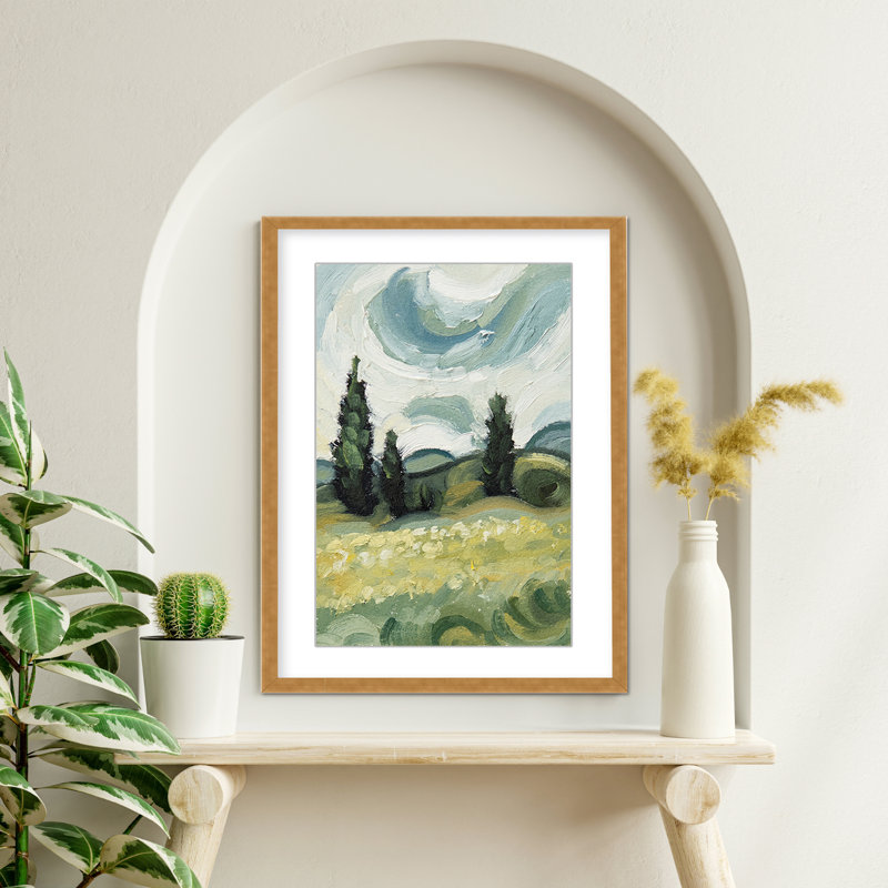 Nature Inspired Whirlwind Dreams: Abstract Swirls Of Hills And Cloudy Skies, 16" H x 12" W x 1.125" D, Framed Matted Print
