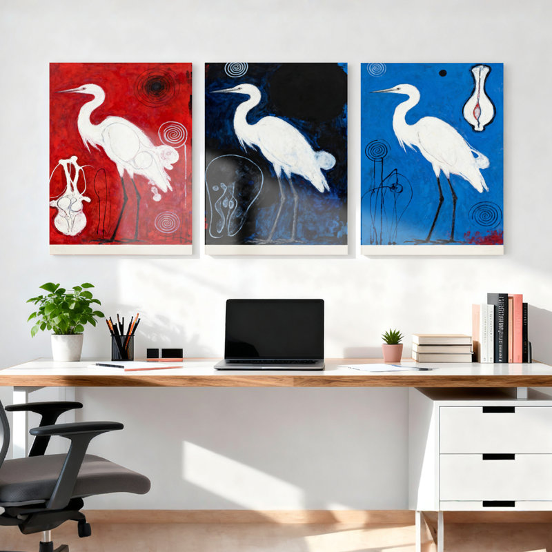 Ensemble de 3 tableaux abstraits sur toile tendue représentant un héron blanc, H 18 po x l 36 po