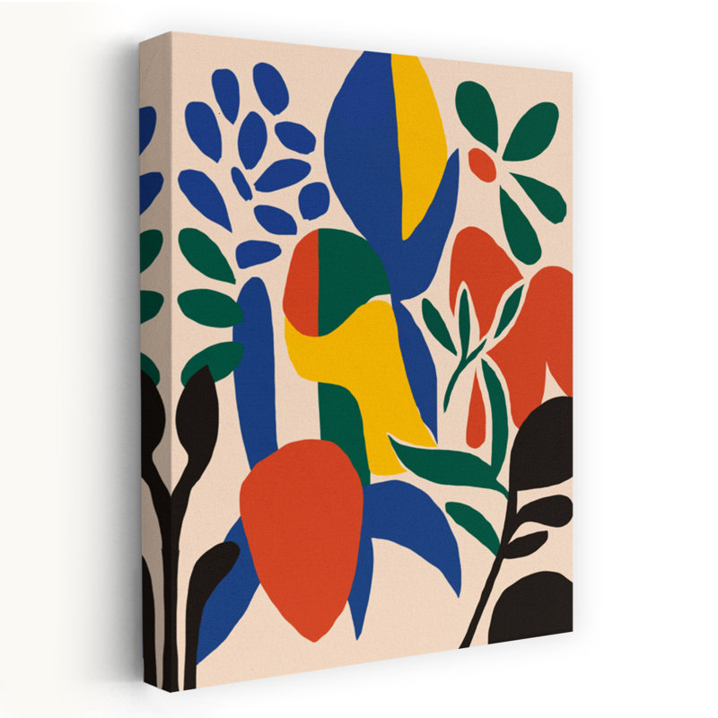 Impression d'art mural abstrait et coloré représentant des formes botaniques vibrantes, inspirée par la nature tropicale