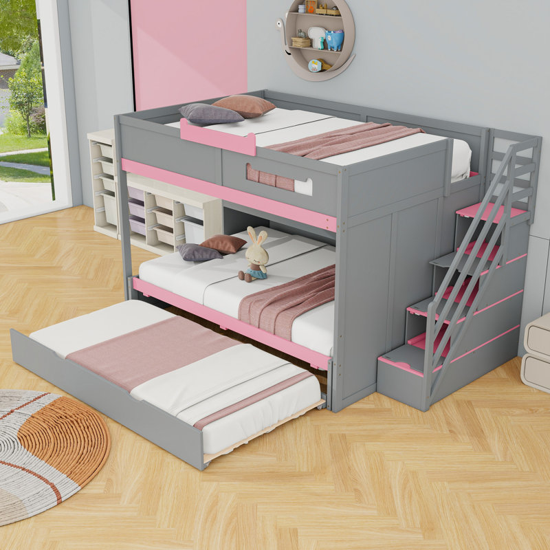 Wooden Bunk Bed with Storage Staircase and LED Lighting and Shelves, Gray