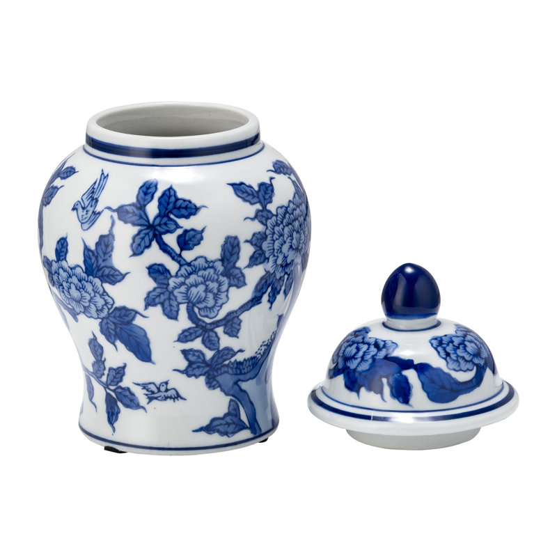 Pot à couvercle en céramique Gherghina Chinoiserie, H 8 po x l 5 po x P 5 po