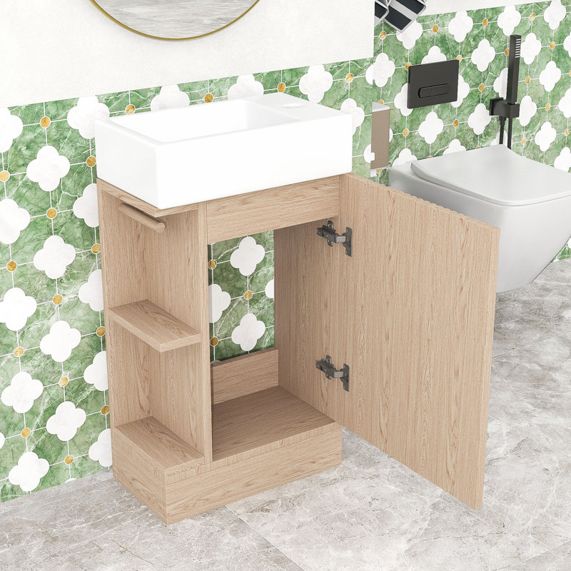 Meuble-lavabo autoportant avec lavabo en céramique, porte-papier et armoire de rangement à deux niveaux, Naturel