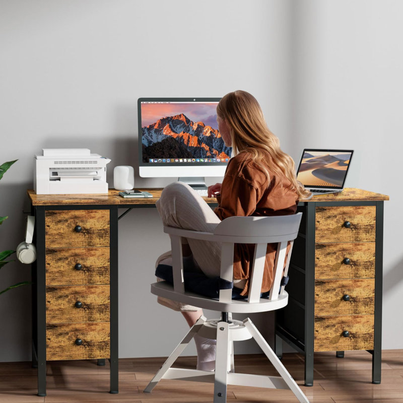 Computer Drawers Desk, Writing Desk With Drawers, Brown