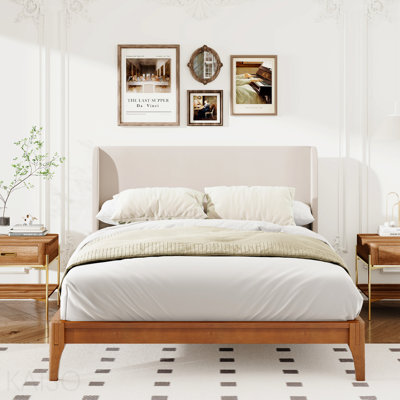 King Size Solid Dry Bamboo Wood 12 Inch Platform Bed, With 48" Upholstered High Headboard, Easy Assembly