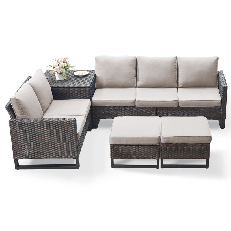 Ingvald 5 Person All-Weather Wicker Outdoor Patio Sofa Set With Cushions And Ottoman, Beige