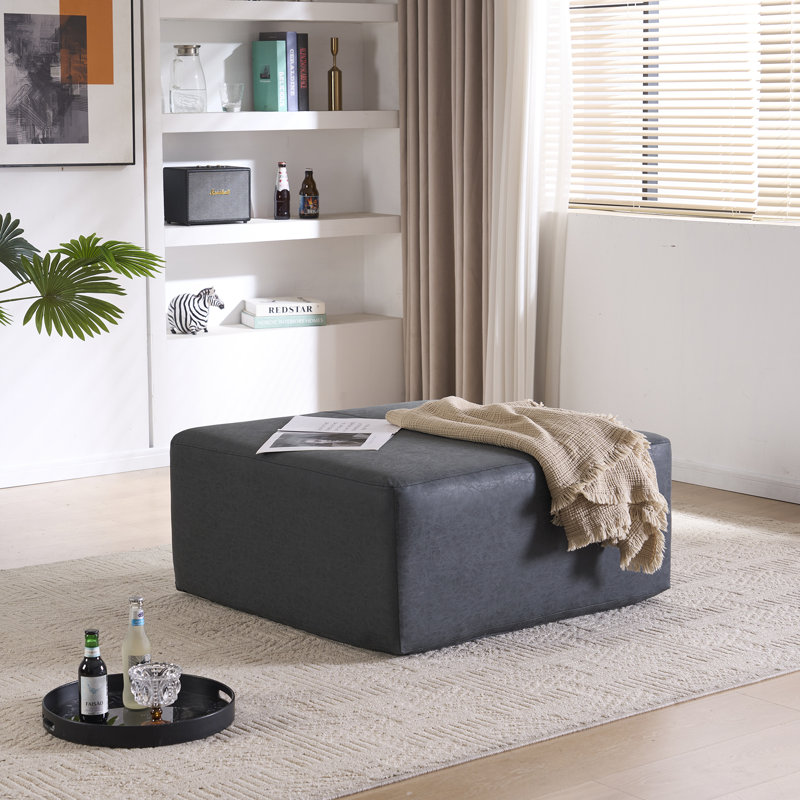 35" Wide Oversized Square Ottoman Coffee Table, Faux Leather Couch Ottoman Large Footstool For Living Room, Black 