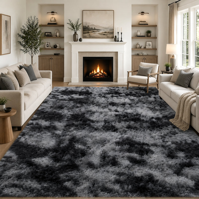 5' x 7' Black Gray Tie‑Dye Shag Area Rug, Ultra‑Soft Fluffy Plush Machine Washable Non‑Slip Indoor Rug for Living Room Bedroom