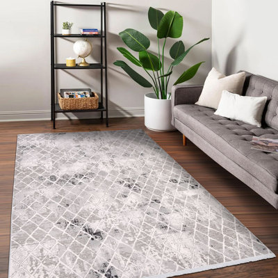 Tapis gris moderne / géométrique antidérapant lavable à la machine