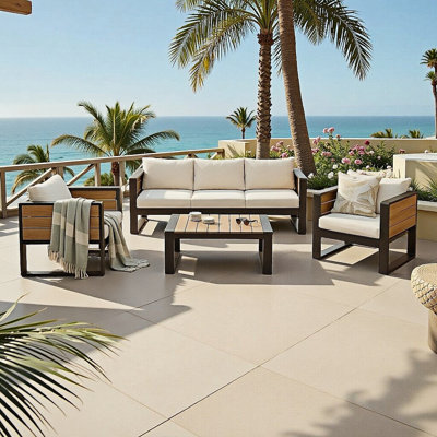 4-Piece Outdoor Patio Furniture Set, 5-Person Aluminum Conversation Set with 3-Seater Sofa & 2 Chairs, Fold-Out Side Tables, Weather-Resistant WPC Accents, Modern Garden Seating with Cushions
