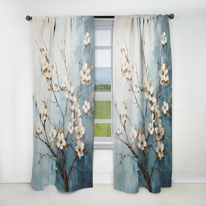 White Blue Dogwood Peacefulness III - Dogwood Curtain - Room Darkening Floral Curtain - 1 Panels, 52" W x 120" L