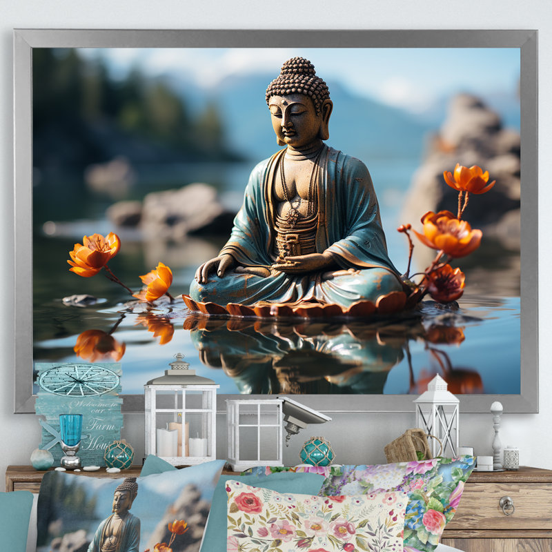 Art zen Bouddha tranquille en méditation II - Bouddhisme, Cadre de coin argenté fermé, H 24 po x l 32 po x P 1 po