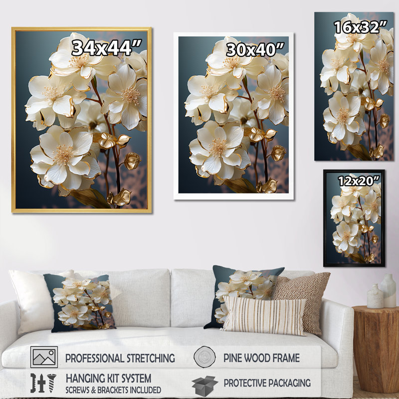 Hortensia baroque blanc et or II - hydrangées, art mural, Cadre doré simple, H 44 po x l 34 po x P 1,5 po
