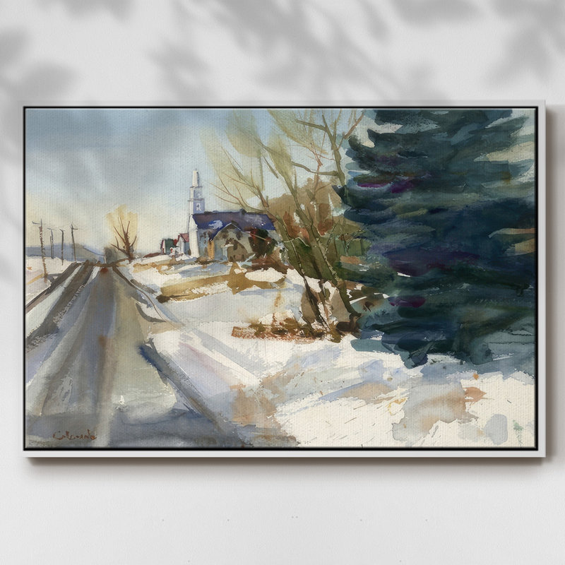 Église paroissiale en hiver, H 17 po x l 25 po x P 1,5 po, Cadre flottant blanc