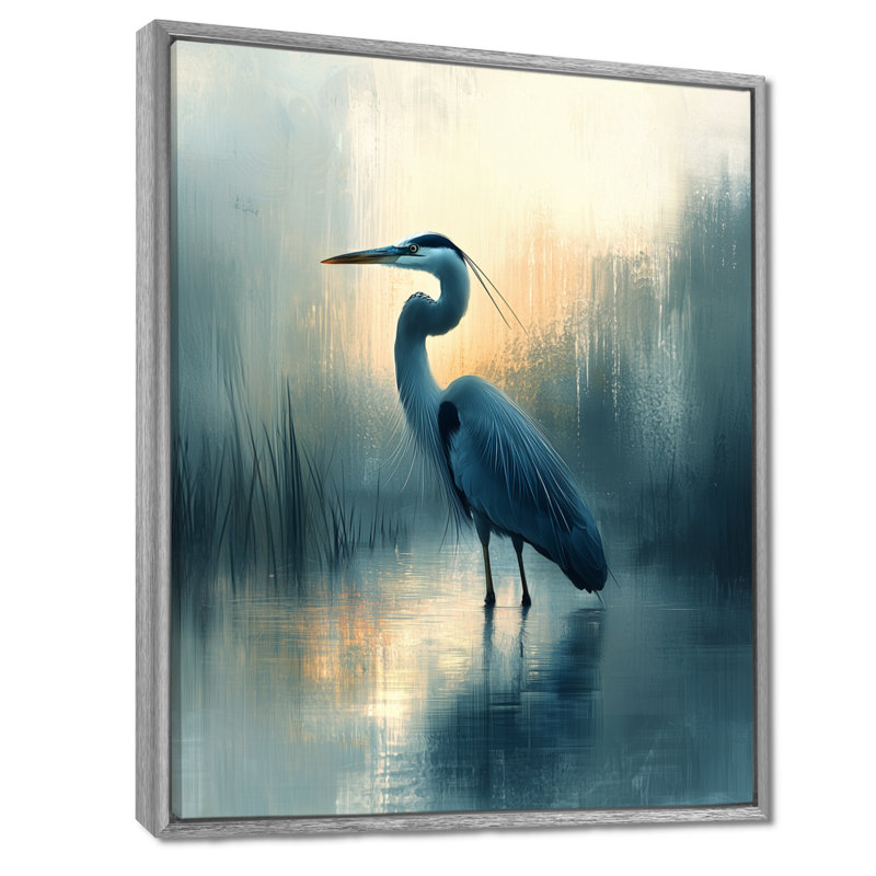 Auron, minimalisme, héron à la ferme, lac I - héron, art mural, H 20 po x l 12 po, Reproduction avec cadre flottant