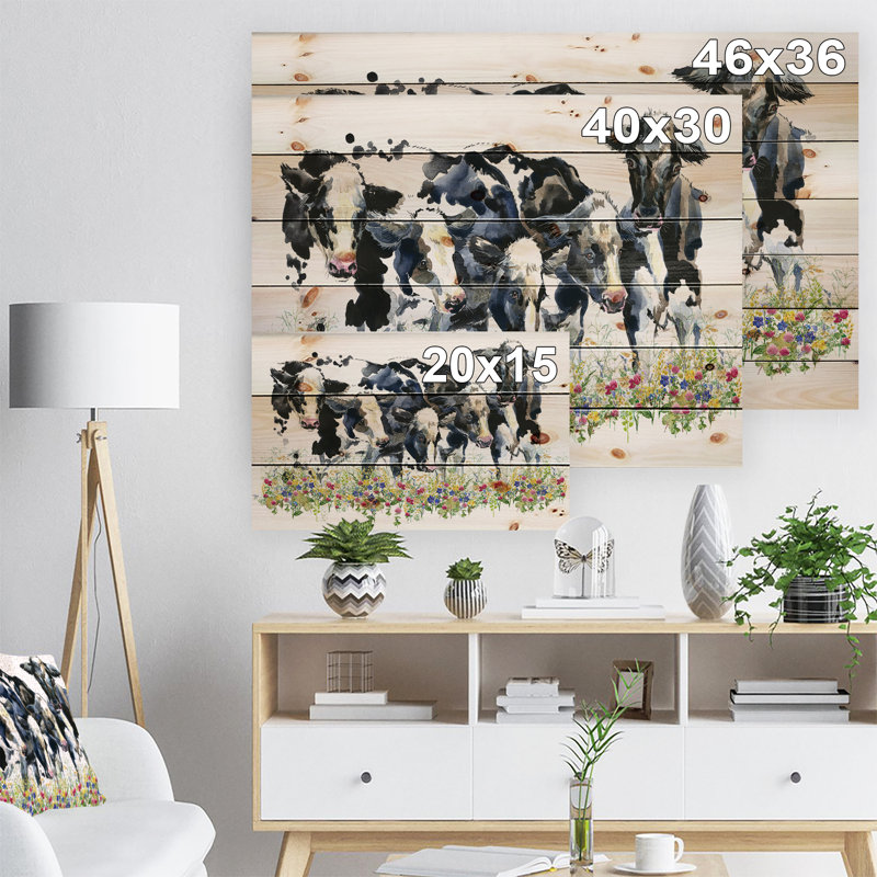 Vache laitière sur fond-reproduction d’art, H 15 po x l 20 po x P 1 po, Bois