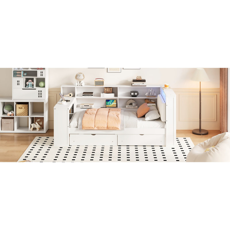 Lit plateforme simple en bois avec tête de lit tapissier confortable, tablettes de rangement, tiroirs, ports de charge, éclairage et bureau à DEL, fonction beige blanc de pin, table 7 couleurs et coussin